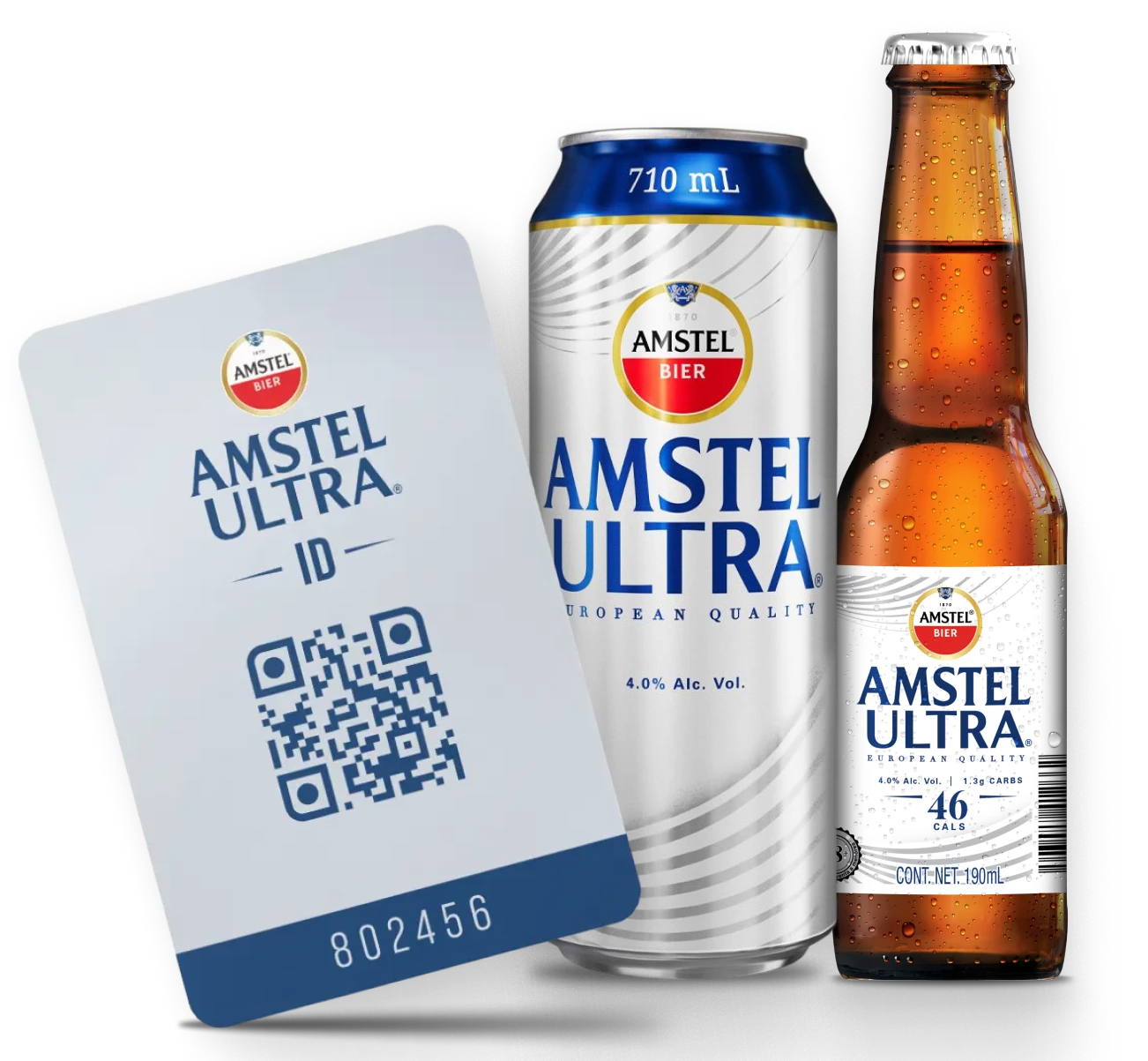 Colección Amstel Ultra: tarjeta, lata y botella