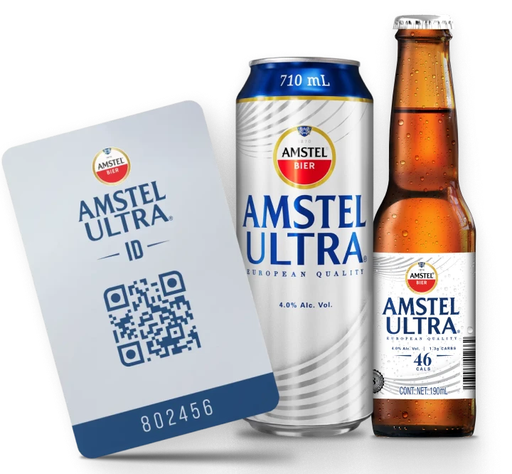 Colección Amstel Ultra: tarjeta, lata y botella